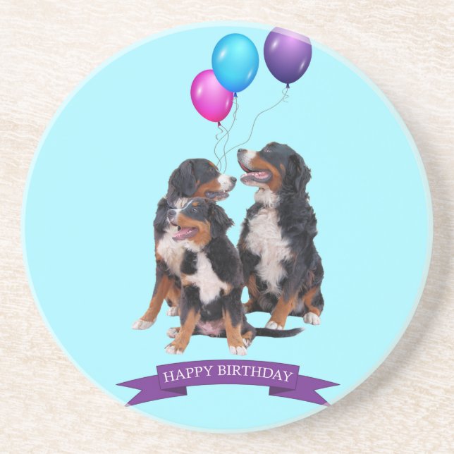 Bernese Mountain Dogs Happy Birthday Coaster (Front)