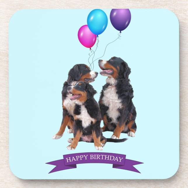 Bernese Mountain Dogs Happy Birthday Coaster (Front)