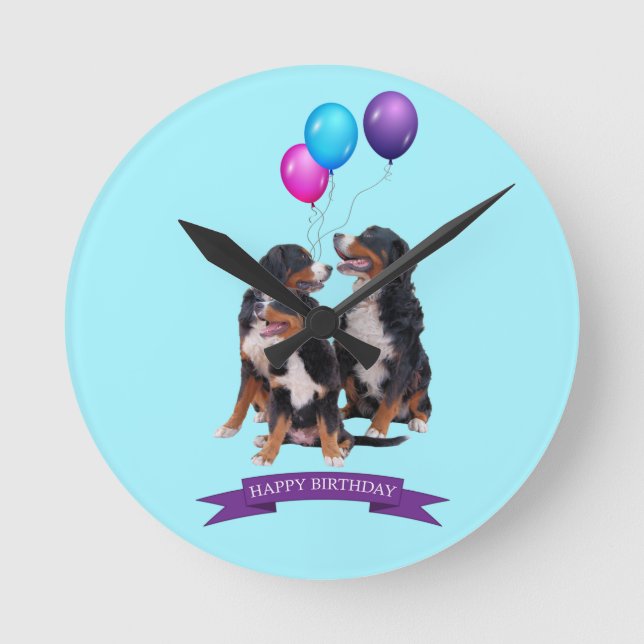 Bernese Mountain Dogs Happy Birthday Round Clock (Front)