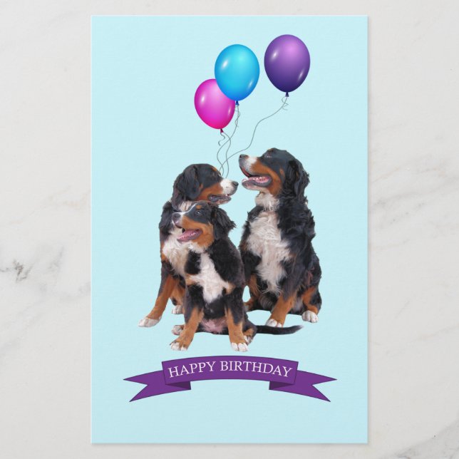 Bernese Mountain Dogs Happy Birthday Stationery (Front)