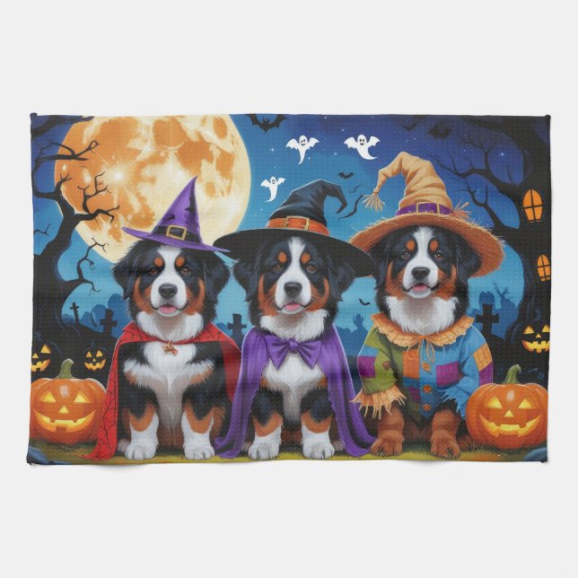 Bernese Mountain Dogs Pumpkin Halloween Funny Tea Towel (Horizontal)