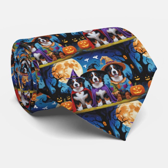 Bernese Mountain Dogs Pumpkin Halloween Funny Tie (Rolled)