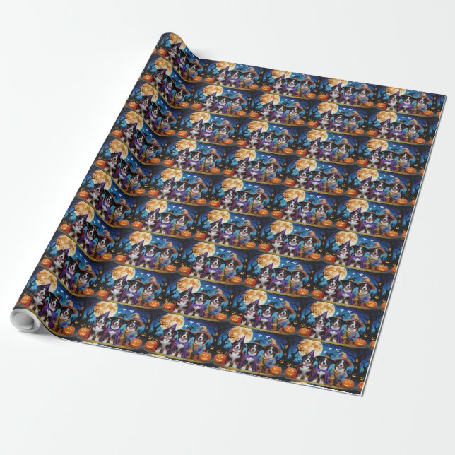 Bernese Mountain Dogs Pumpkin Halloween Funny Wrapping Paper (Unrolled)