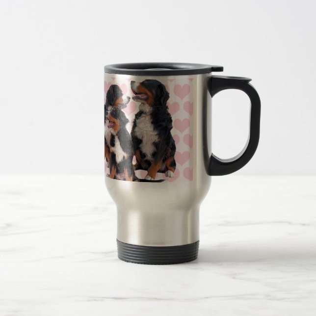 Bernese Mountain Dogs with Pink Hearts Travel Mug (Right)