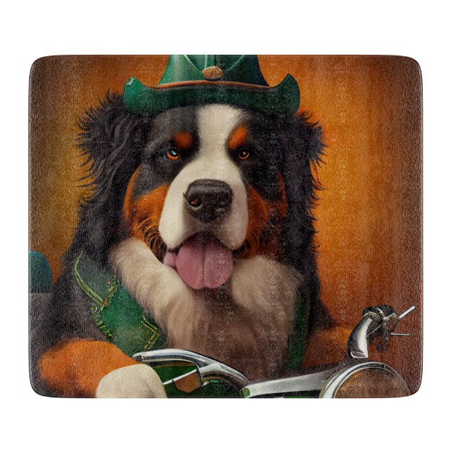 Bernese Mountain Driving Bike St. Patrick's Day Cutting Board (Front)