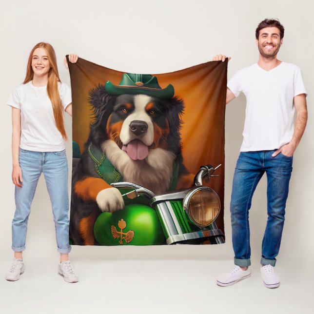 Bernese Mountain Driving Bike St. Patrick's Day Fleece Blanket (In Situ)