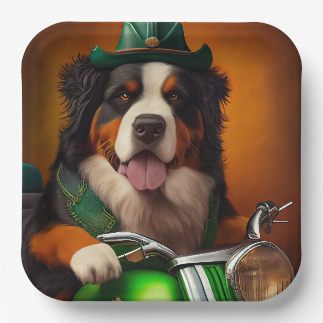 Bernese Mountain Driving Bike St. Patrick's Day Paper Plate (Front)