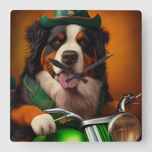Bernese Mountain Driving Bike St. Patrick's Day Square Wall Clock