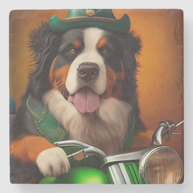 Bernese Mountain Driving Bike St. Patrick's Day Stone Coaster (Front)