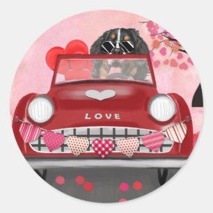 Bernese Mountain Driving Car with Hearts Valentine Classic Round Sticker