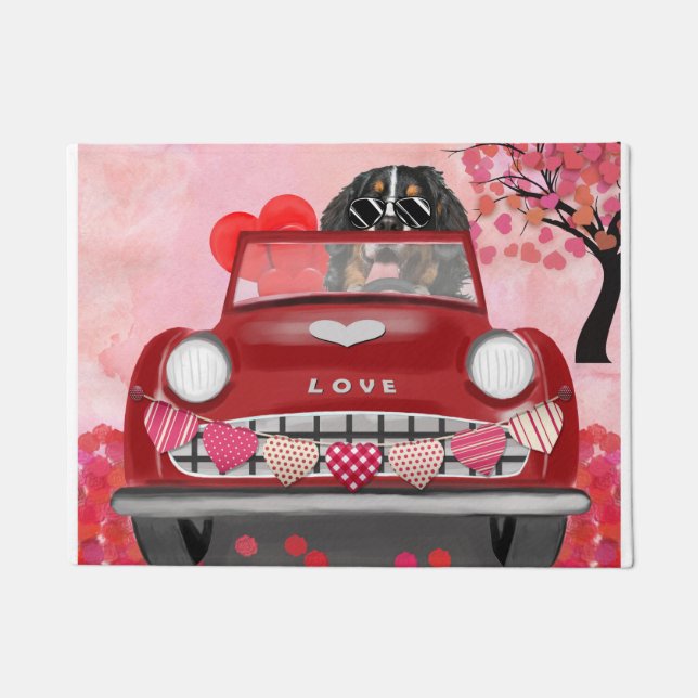 Bernese Mountain Driving Car with Hearts Valentine Doormat (Front)