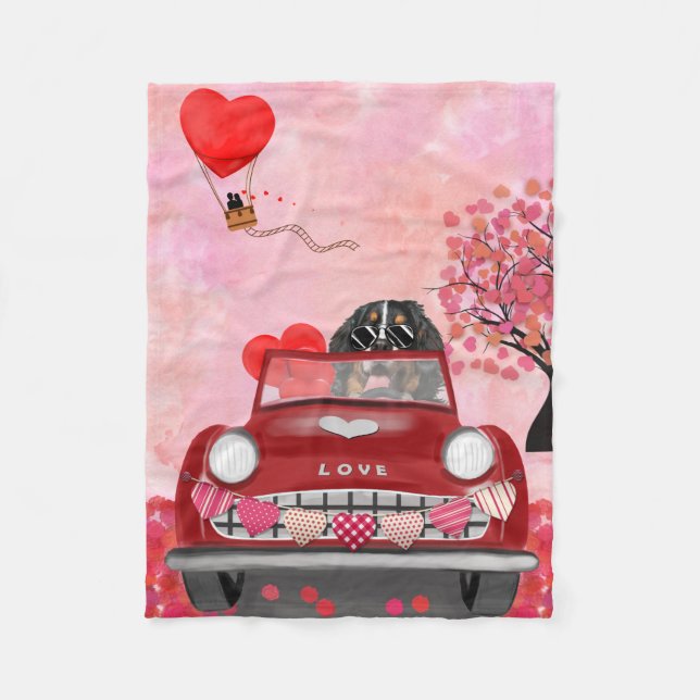 Bernese Mountain Driving Car with Hearts Valentine Fleece Blanket (Front)