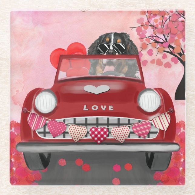 Bernese Mountain Driving Car with Hearts Valentine Glass Coaster (Front)