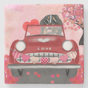 Bernese Mountain Driving Car with Hearts Valentine Stone Coaster