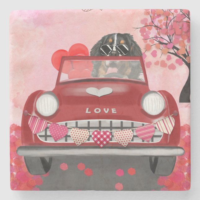 Bernese Mountain Driving Car with Hearts Valentine Stone Coaster (Front)