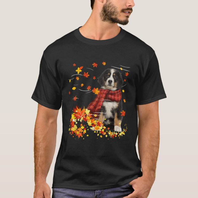 Bernese Mountain Fall Red Scarf Autumn Leaf Gift D T-Shirt (Front)