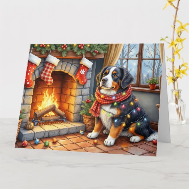 Bernese Mountain Fireplace with Christmas Lights Card (Yellow Flower)