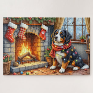 Bernese Mountain Fireplace with Christmas Lights Jigsaw Puzzle