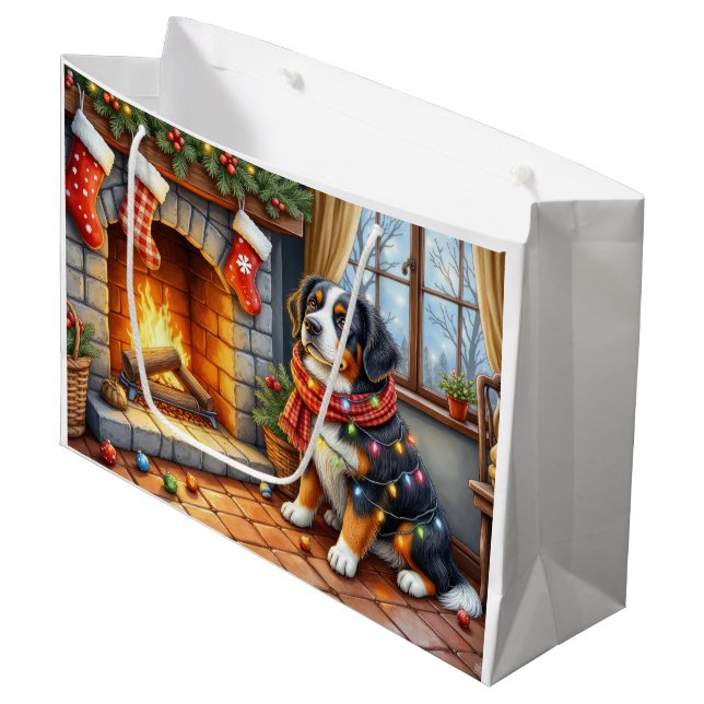 Bernese Mountain Fireplace with Christmas Lights Large Gift Bag (Front Angled)