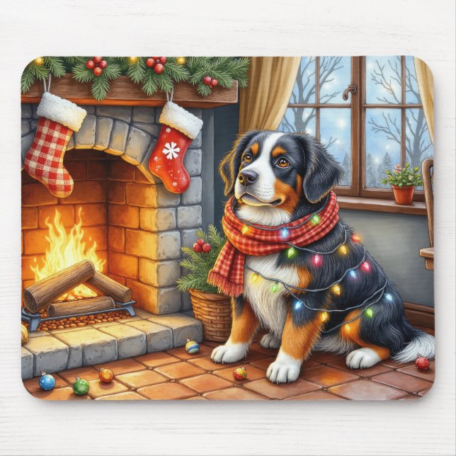 Bernese Mountain Fireplace with Christmas Lights Mouse Mat (Front)