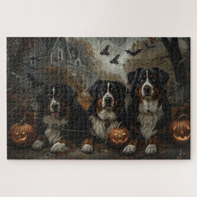 Bernese Mountain Halloween Night Doggy Delight Jigsaw Puzzle (Horizontal)