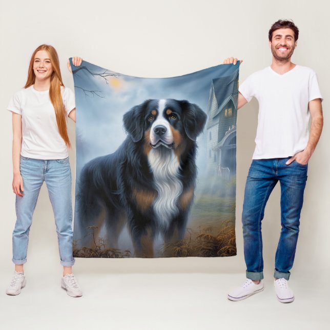 Bernese Mountain Halloween Scary Fleece Blanket (In Situ)