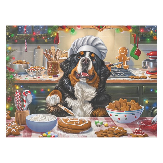 Bernese Mountain Holiday Baking: Festive Christmas Tablecloth (Front (Horizontal))