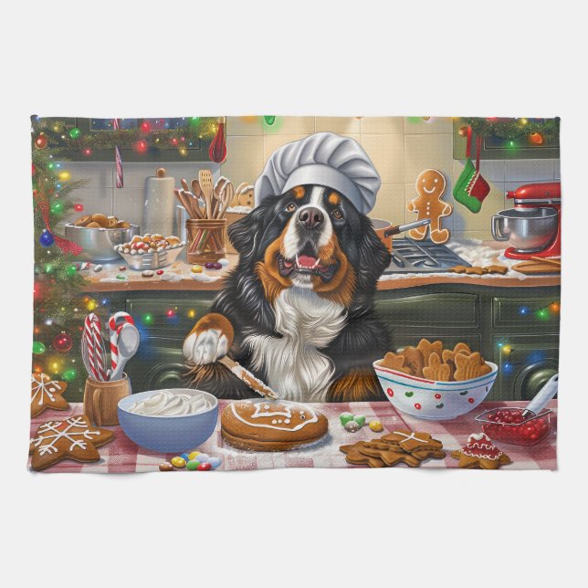 Bernese Mountain Holiday Baking: Festive Christmas Tea Towel (Horizontal)