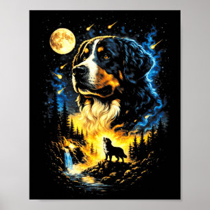 Bernese mountain howling to the moon vintage 90s poster