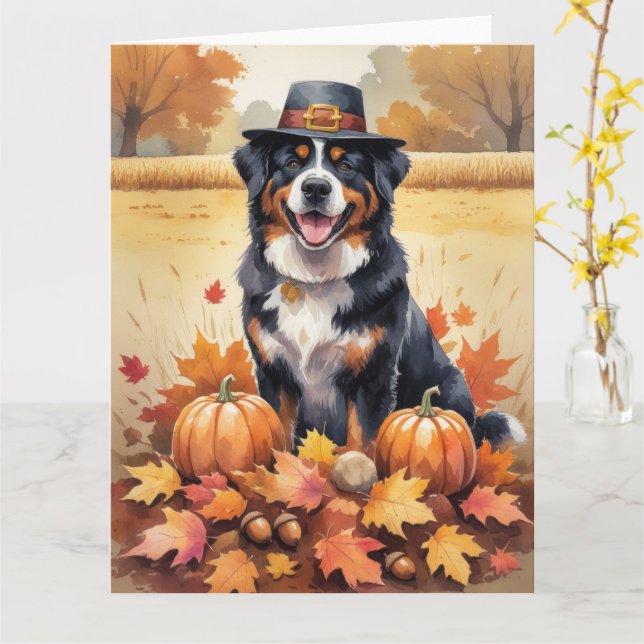Bernese Mountain In Autumn Leaves Thanksgiving Art Card (Yellow Flower)