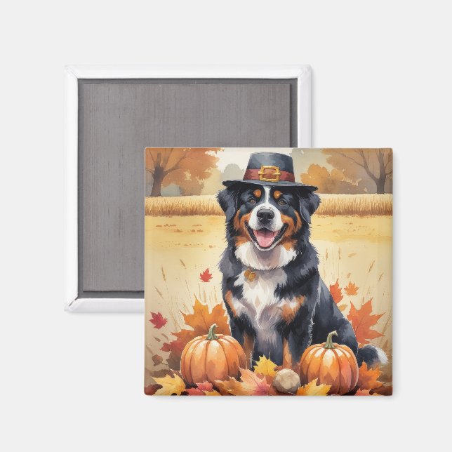 Bernese Mountain In Autumn Leaves Thanksgiving Art Magnet (Front/Back)