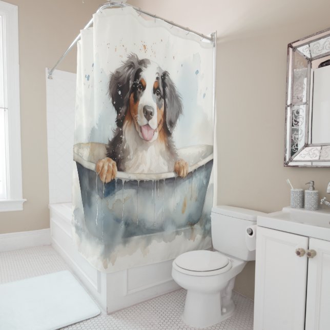 Bernese Mountain In Bathtub Watercolor Dog Art Shower Curtain (In Situ)