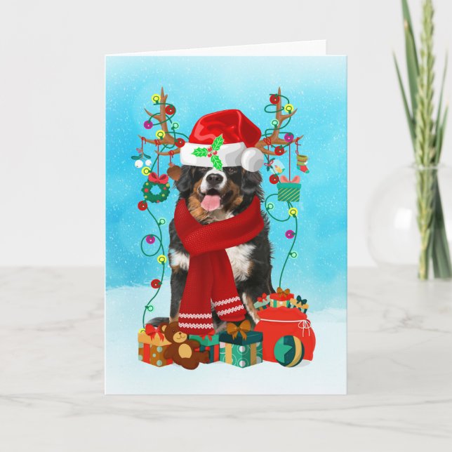 Bernese Mountain in snow with Christmas gifts  Card (Front)