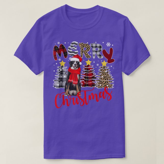 Bernese Mountain Merry Christmas Tree Plaid Leopar T-Shirt (Design Front)