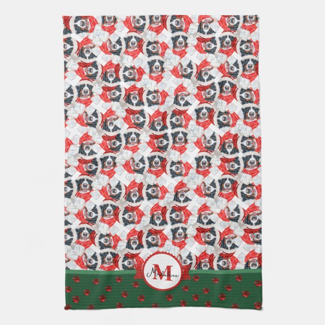 Bernese Mountain Pattern Monogram Christmas Dog Tea Towel (Vertical)