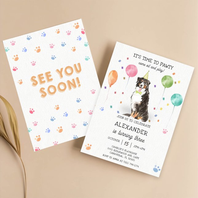 Bernese Mountain Pawty Puppy Birthday Pink  Invitation (Creator Uploaded)