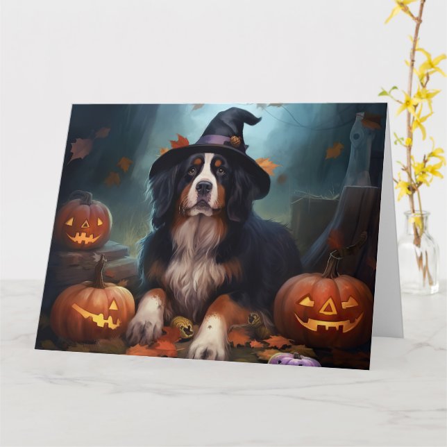 Bernese Mountain Pumpkins Halloween Scary Card (Yellow Flower)
