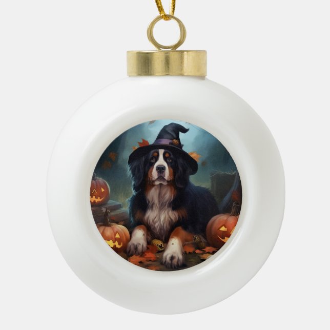 Bernese Mountain Pumpkins Halloween Scary Ceramic Ball Christmas Ornament (Front)