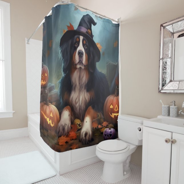 Bernese Mountain Pumpkins Halloween Scary Shower Curtain (In Situ)