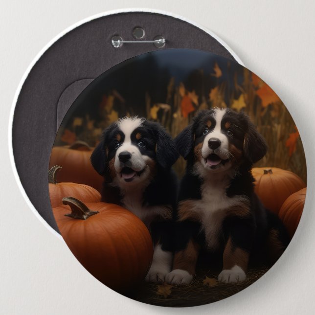 Bernese Mountain Puppy Autumn Delight Pumpkin 6 Cm Round Badge (Front & Back)