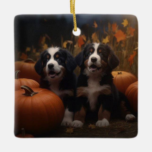 Bernese Mountain Puppy Autumn Delight Pumpkin Ceramic Ornament (Front)