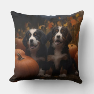 Bernese Mountain Puppy Autumn Delight Pumpkin Cushion