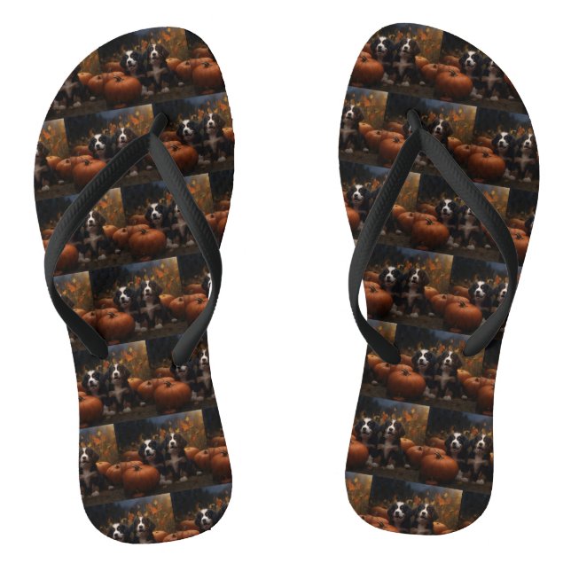 Bernese Mountain Puppy Autumn Delight Pumpkin Flip Flops (Footbed)