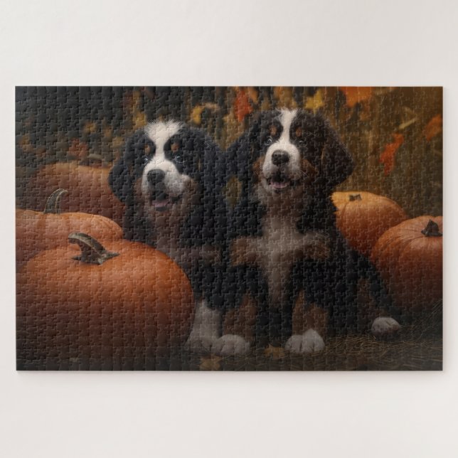 Bernese Mountain Puppy Autumn Delight Pumpkin Jigsaw Puzzle (Horizontal)
