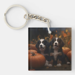 Bernese Mountain Puppy Autumn Delight Pumpkin Key Ring