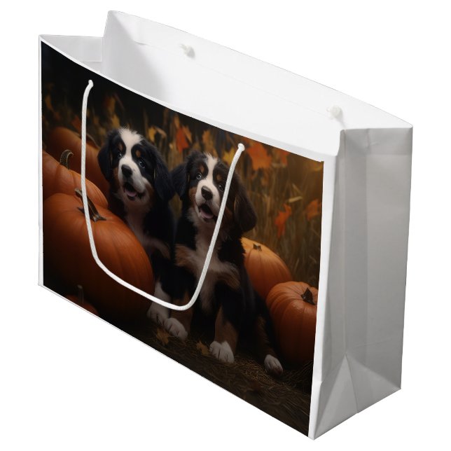 Bernese Mountain Puppy Autumn Delight Pumpkin Large Gift Bag (Front Angled)