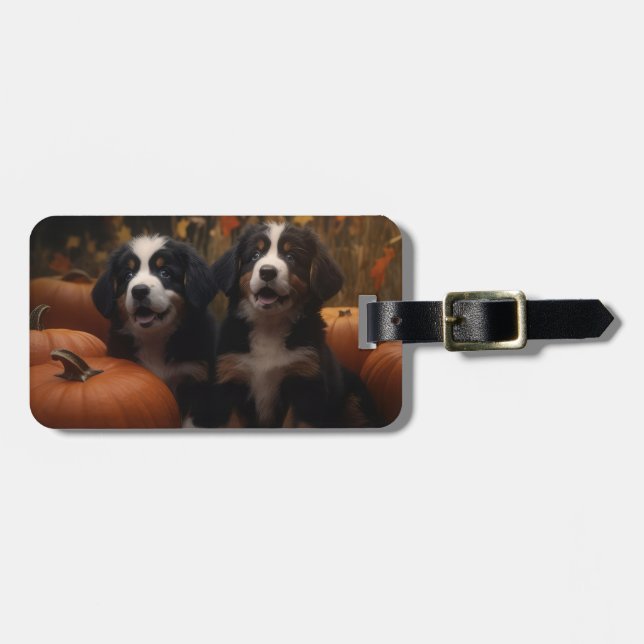 Bernese Mountain Puppy Autumn Delight Pumpkin Luggage Tag (Front Horizontal)