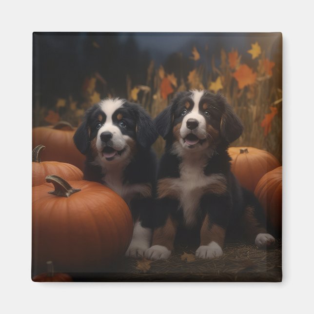 Bernese Mountain Puppy Autumn Delight Pumpkin Magnet (Front)