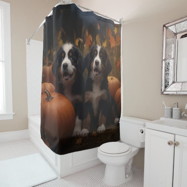 Bernese Mountain Puppy Autumn Delight Pumpkin Shower Curtain (In Situ)