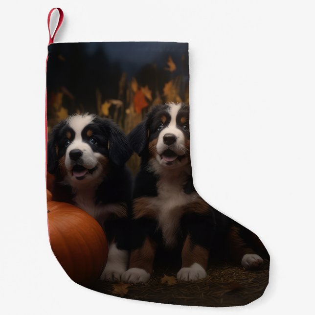 Bernese Mountain Puppy Autumn Delight Pumpkin Small Christmas Stocking (Front)